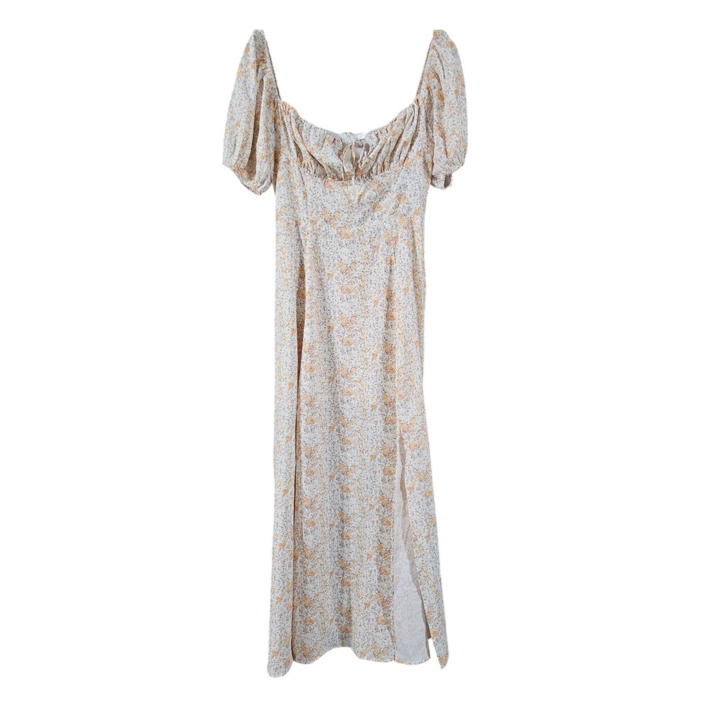 Shipwreck Ltd Floral Milkmaid Maxi Dress White Yellow Puff Sleeve Slit Large